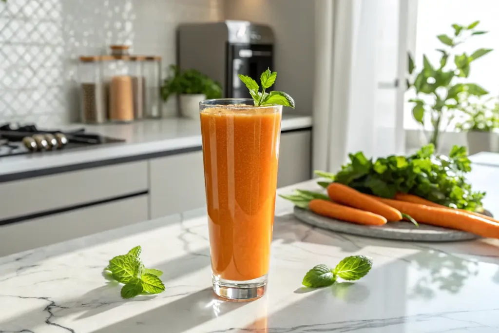 Glass of fresh carrot juice on a marble countertop