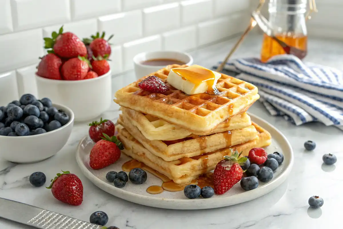 Golden crispy Bisquick waffles with butter and syrup