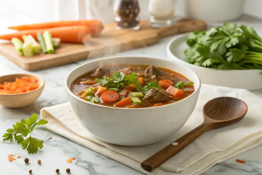 Old fashioned vegetable beef soup recipe bowl