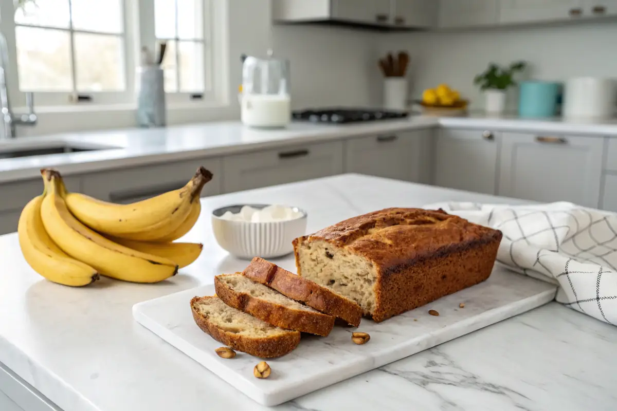 Golden loaf of banana bread with cake mix on a marble countertop