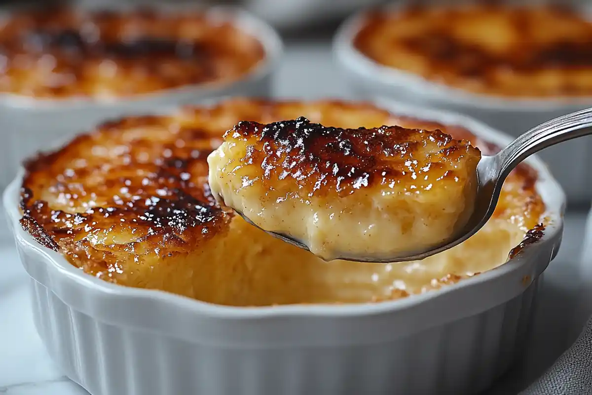 Close-up of a perfect crème brûlée with caramelized sugar topping and creamy custard.