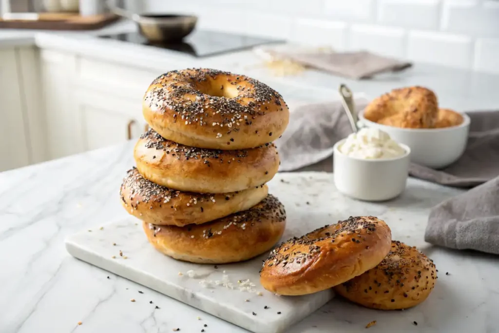 Golden-brown sourdough bagels stacked on a white marble countertop in a modern kitchen