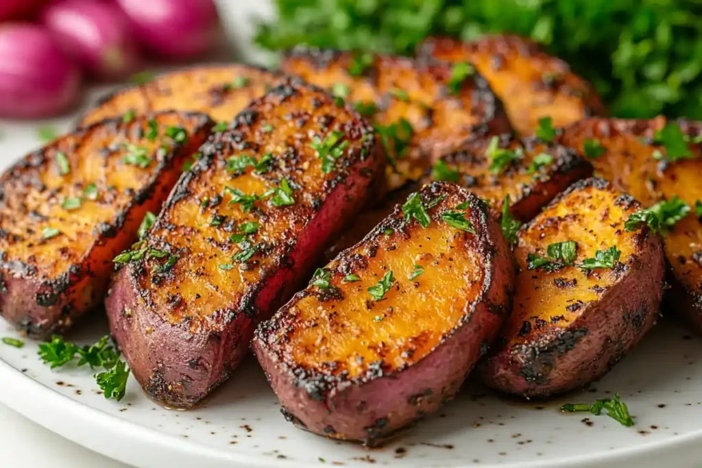 Roasted purple sweet potato wedges on white marble.