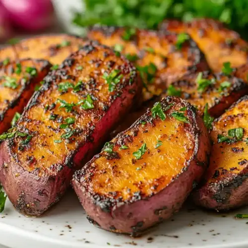 Roasted purple sweet potato wedges on white marble.