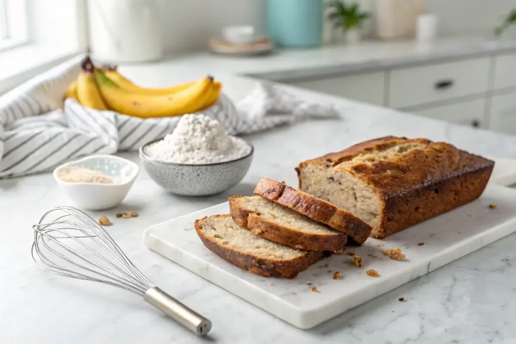 Freshly sliced Simply Recipes banana bread on a marble countertop