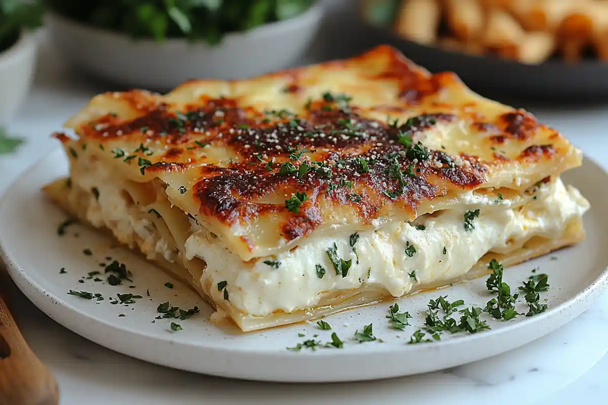 A slice of creamy white sauce lasagna on a plate.