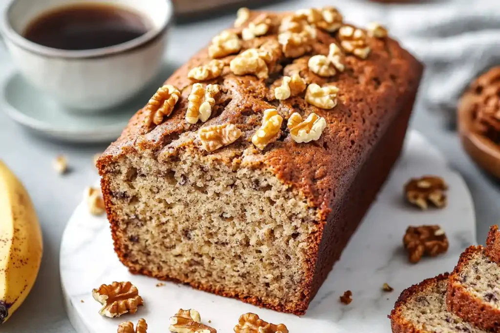 Starbucks banana bread on a marble table with coffee and walnuts.