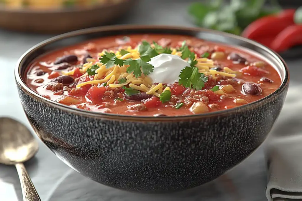 Steaming Bowl of Chili with Toppings on White Marble