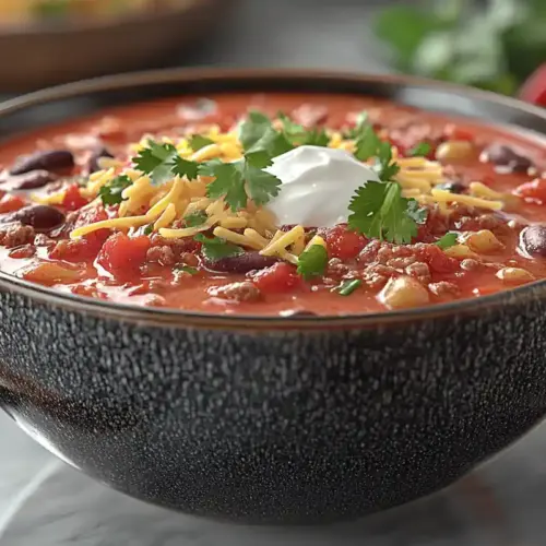 Steaming Bowl of Chili with Toppings on White Marble
