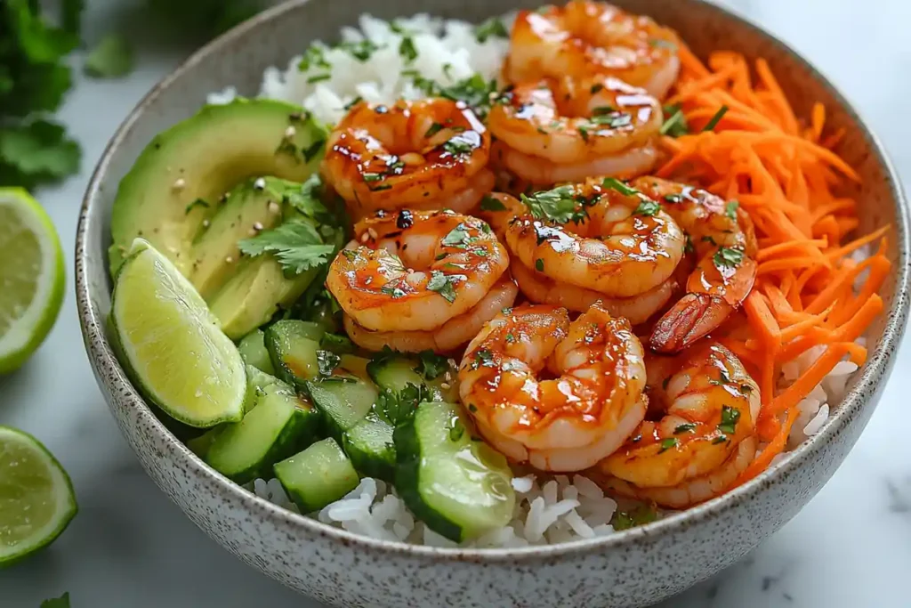 Shrimp bowl with rice, avocado, carrots, and soy glaze on marble