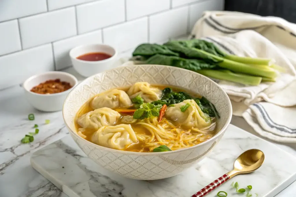 Bowl of wonton noodle soup with garnishes