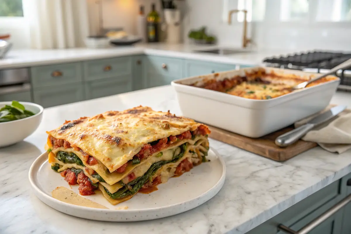 Perfectly baked veggie lasagna with golden cheese and visible layers.