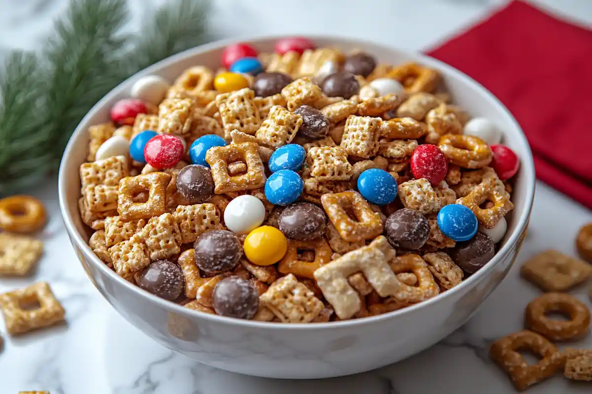 Festive white trash recipe snack mix in a cozy kitchen setting