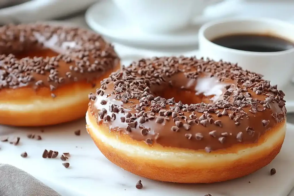 Nutritional table of chocolate frosted donut with baking setup.