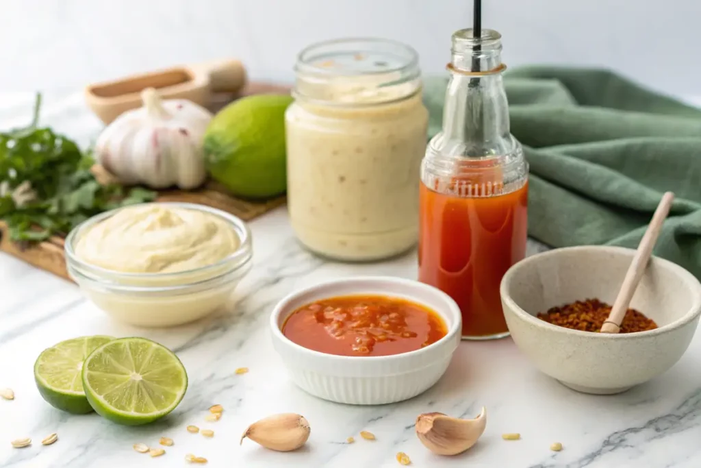 Ingredients for Bang Bang Sauce on a marble countertop