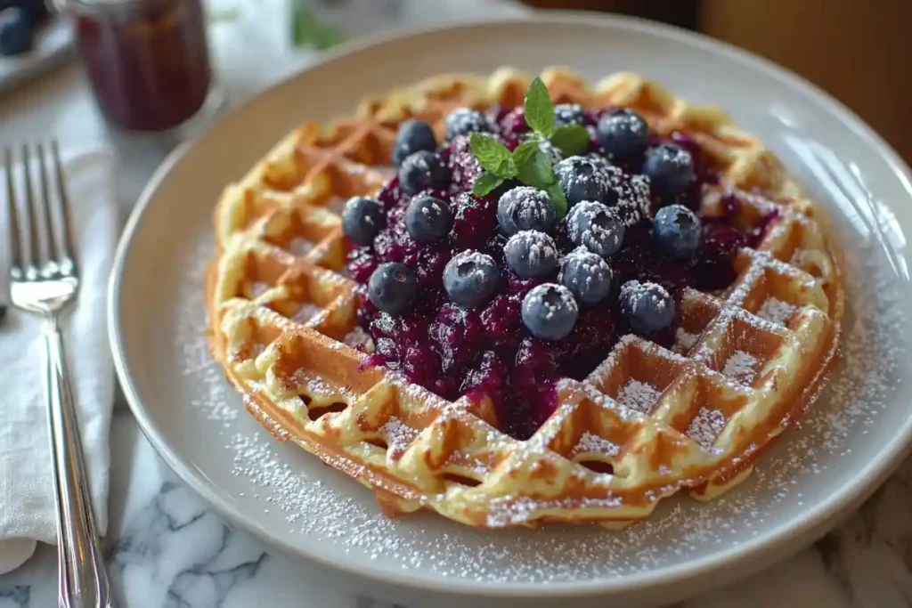 Waffles topped with blueberry compote and fresh blueberries