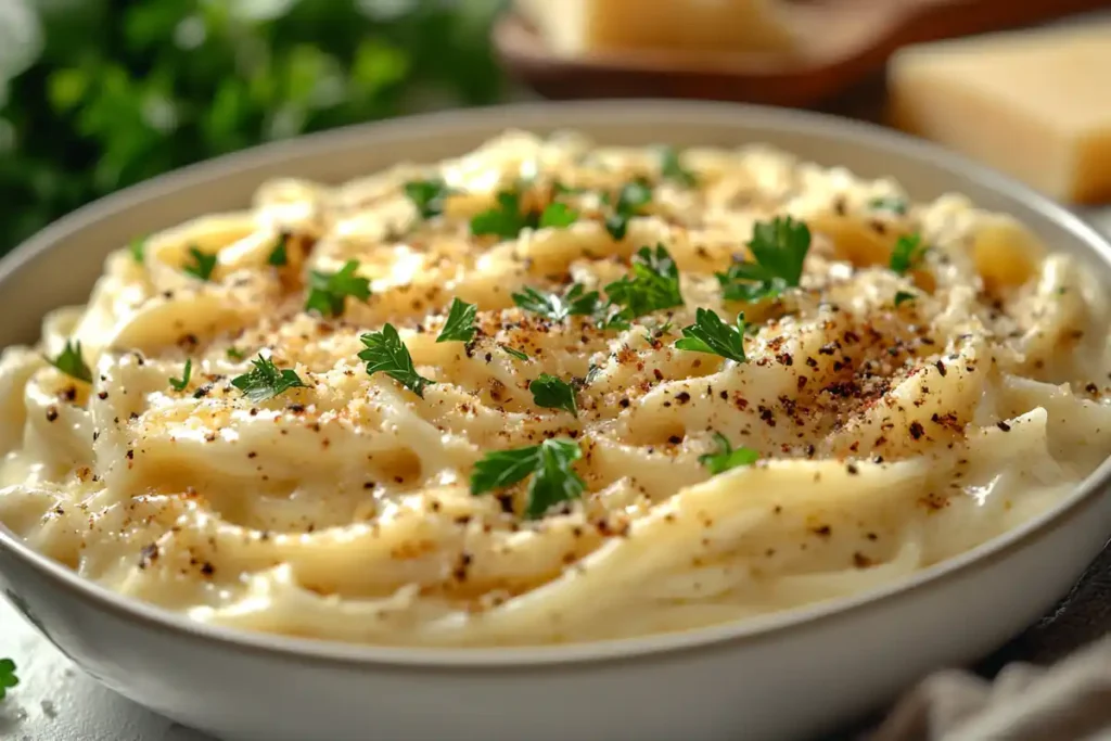 Cajun Alfredo Sauce in a bowl on a white marble countertop