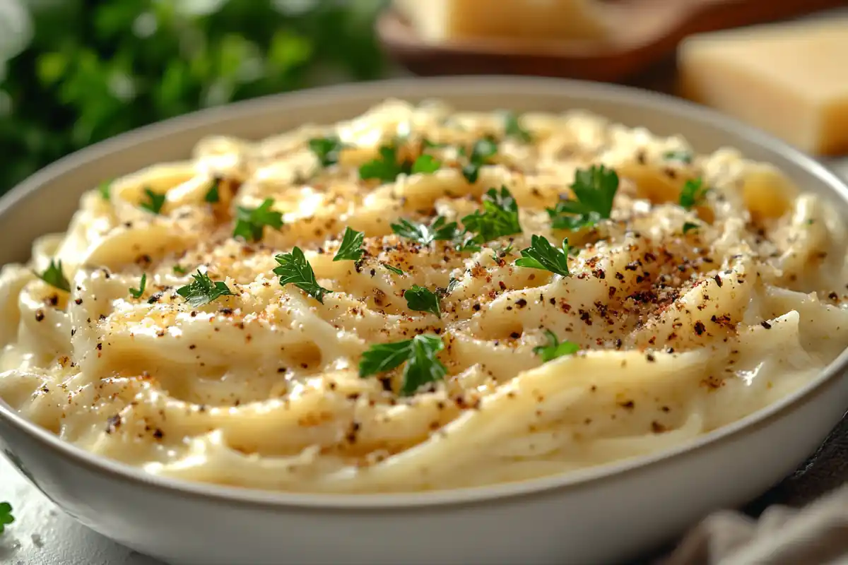 Cajun Alfredo Sauce in a bowl on a white marble countertop