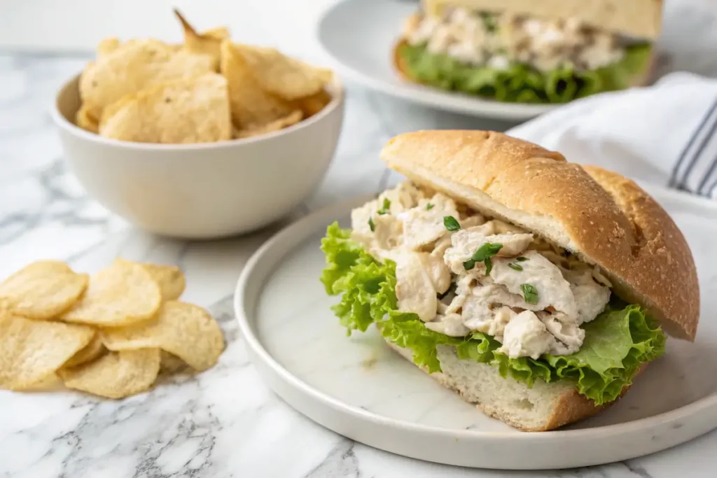 Chicken salad sandwich with lettuce and chips