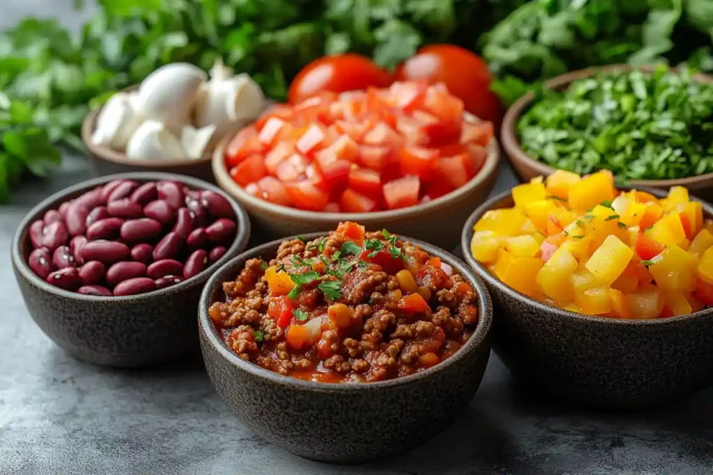 Chili Ingredients Arranged on White Marble