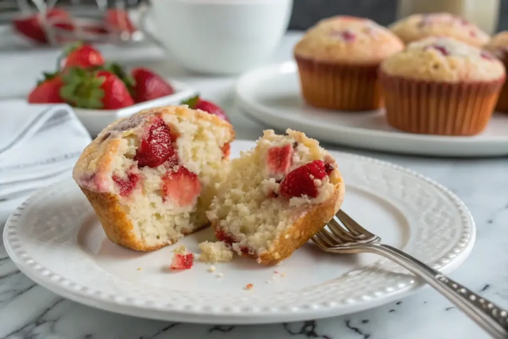 A close-up of a sliced muffin from a Strawberry muffin recipe, showing its fluffy interior and chunks of strawberries.