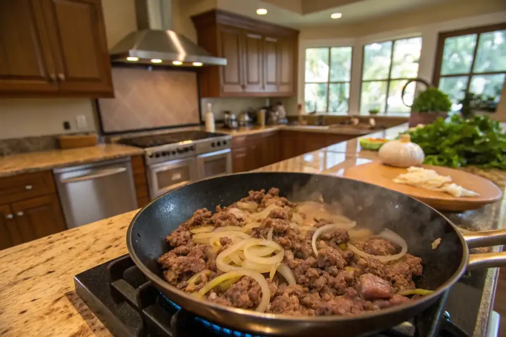 Sautéing ground beef for hamburger soup