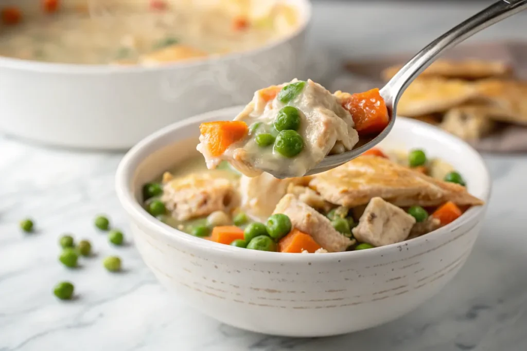 Creamy chicken pot pie filling close-up