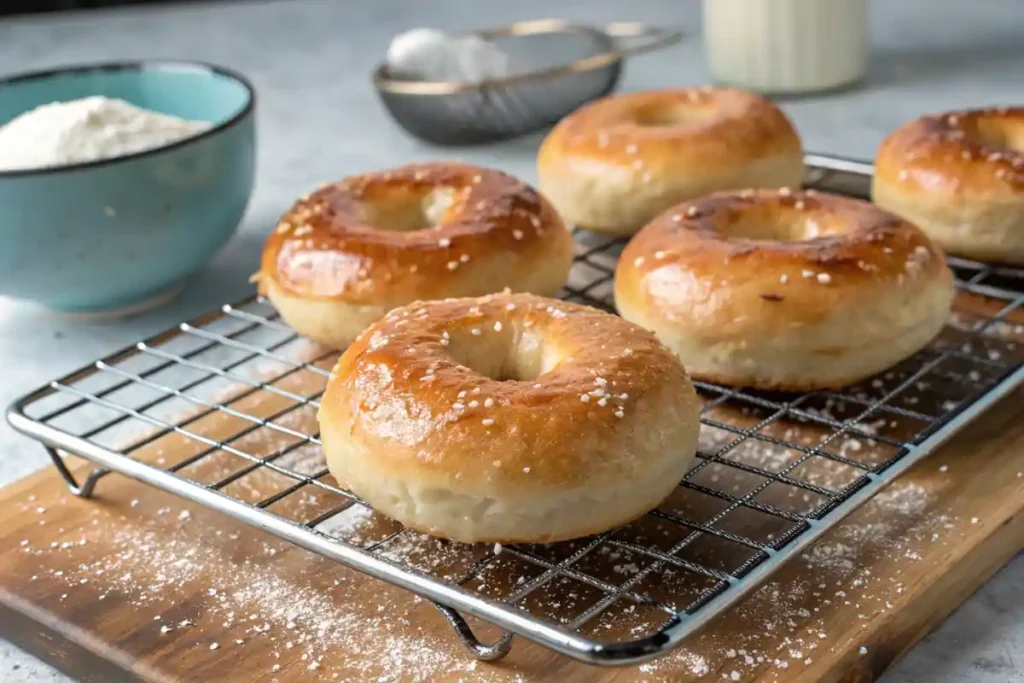 Glossy, freshly boiled sourdough bagels resting on a wire rack