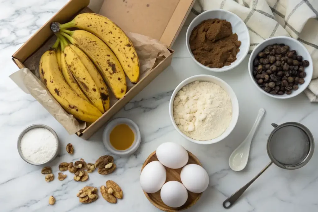 Ingredients for banana bread recipe with cake mix on a marble countertop