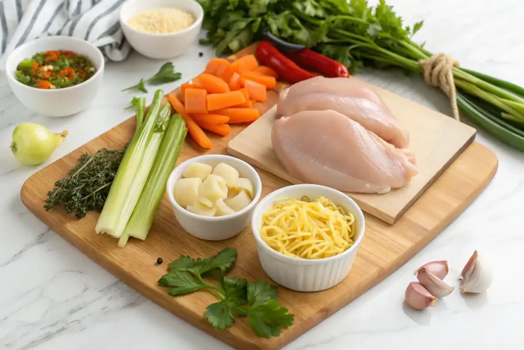 Chicken noodle soup ingredients prep