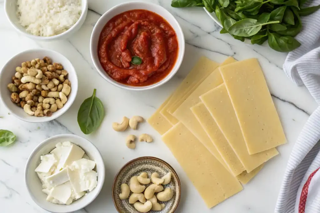 Ingredients for lasagne substitutes on a white marble countertop.