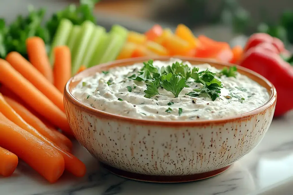 Bowl of Knorr vegetable dip with fresh veggies on a marble counter