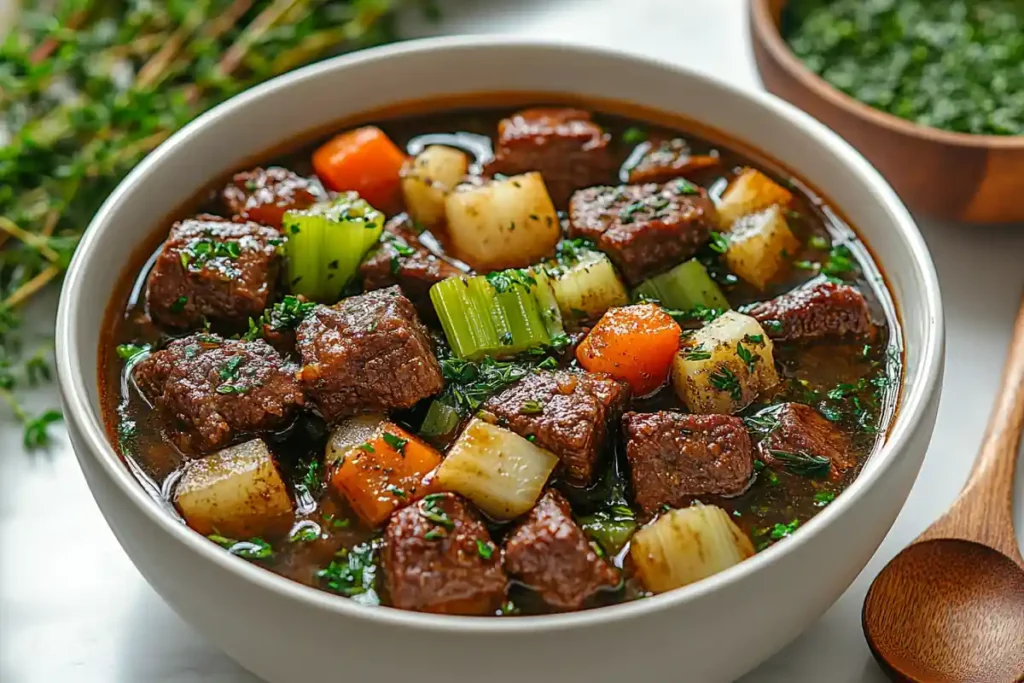 Low-Carb Beef Stew in Rustic Bowl