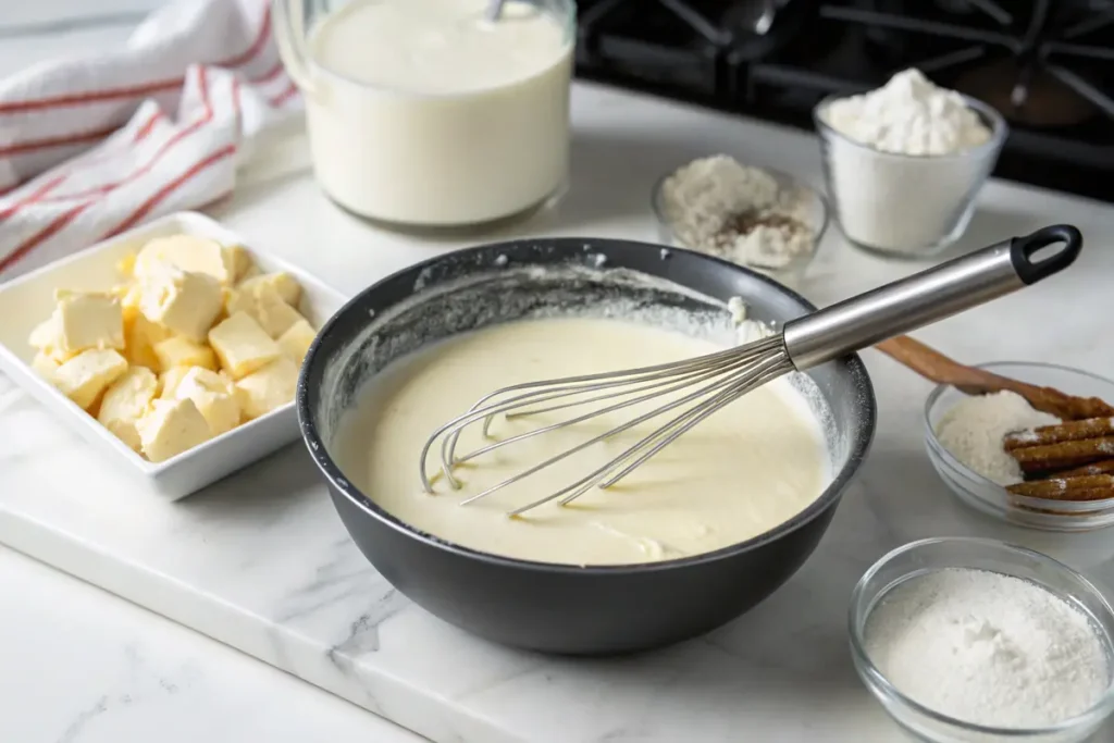 Béchamel sauce being stirred in a saucepan