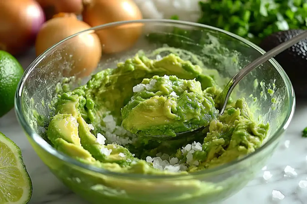 Avocados being mashed in a glass bowl with lime and salt nearby.