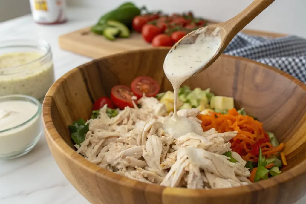 Mixing chicken for Chicken Salad Chick