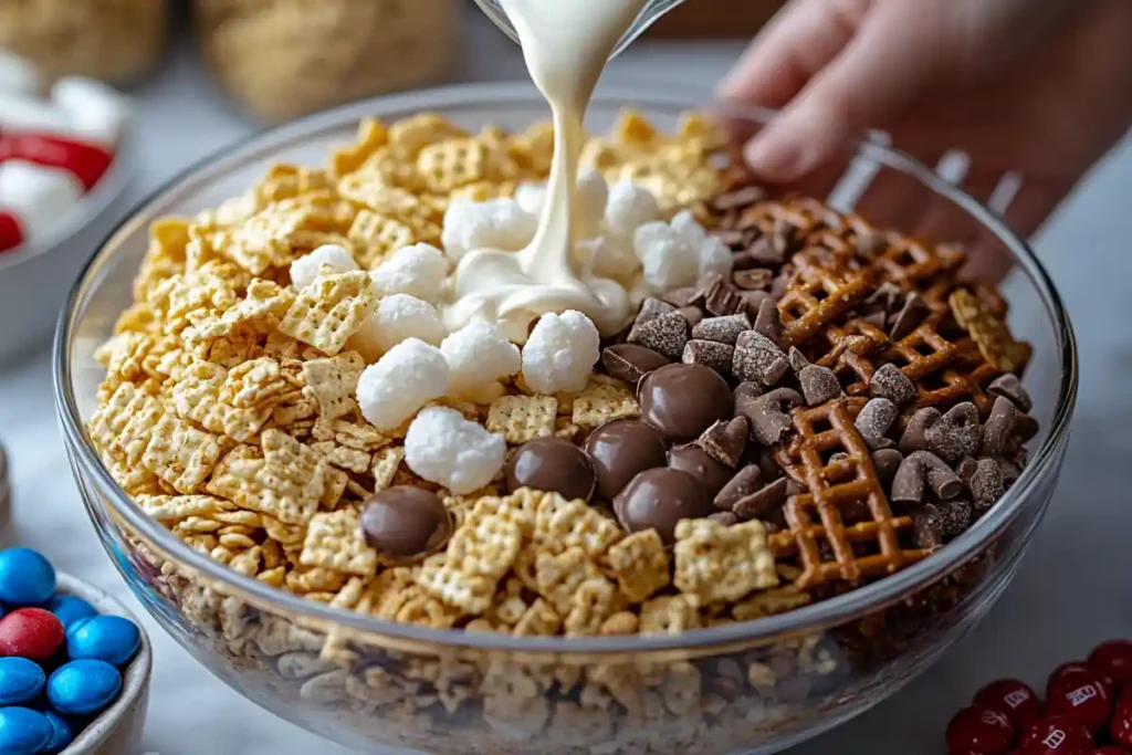 Hands mixing white trash recipe ingredients in a glass bowl