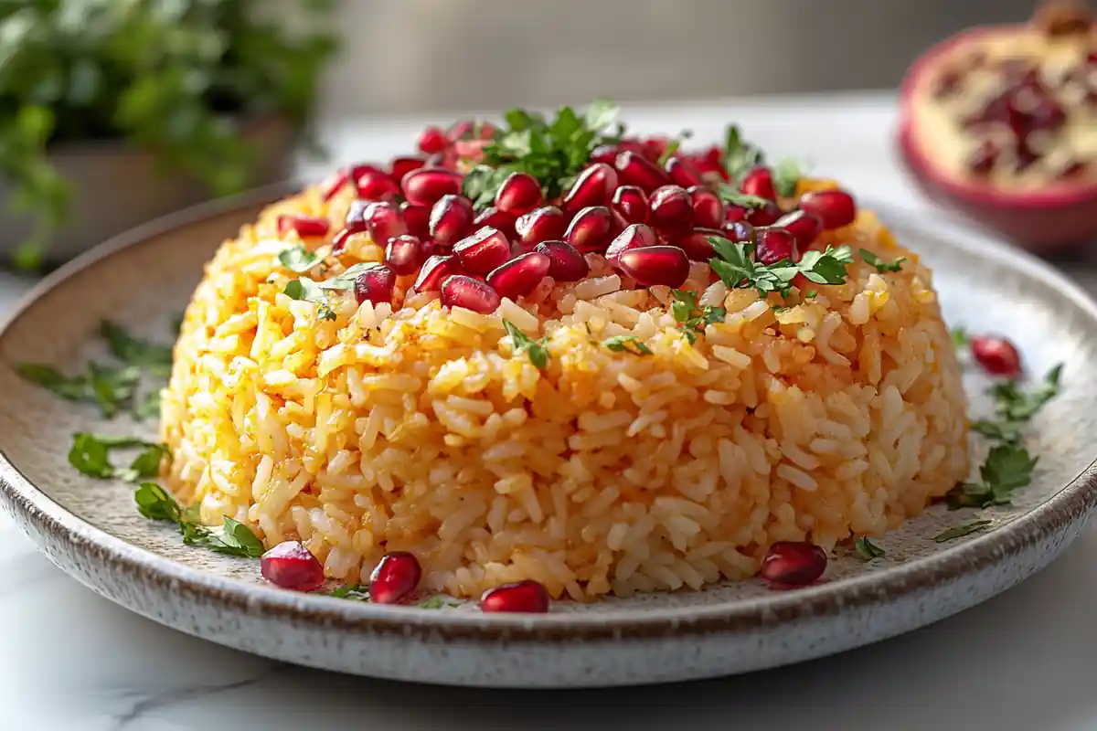 Persian tahdig with saffron rice and garnishes on white marble