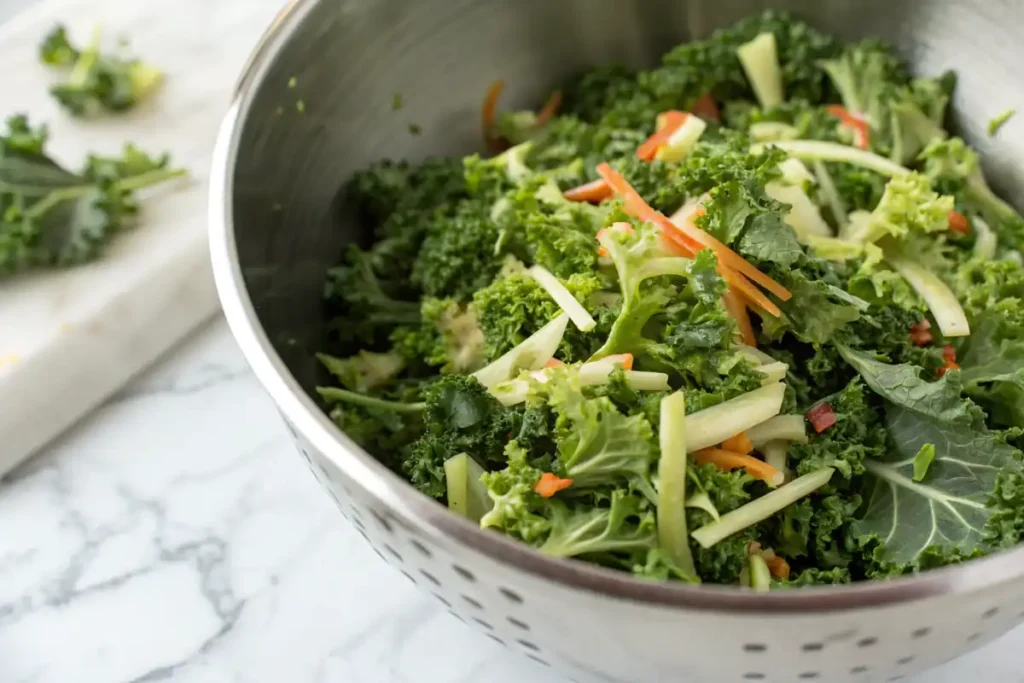 Fresh kale and broccoli slaw preparation