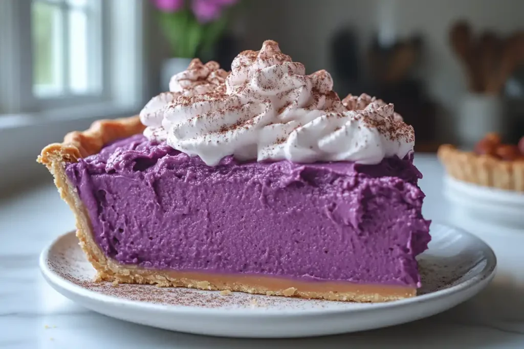 Purple sweet potato pie with whipped cream