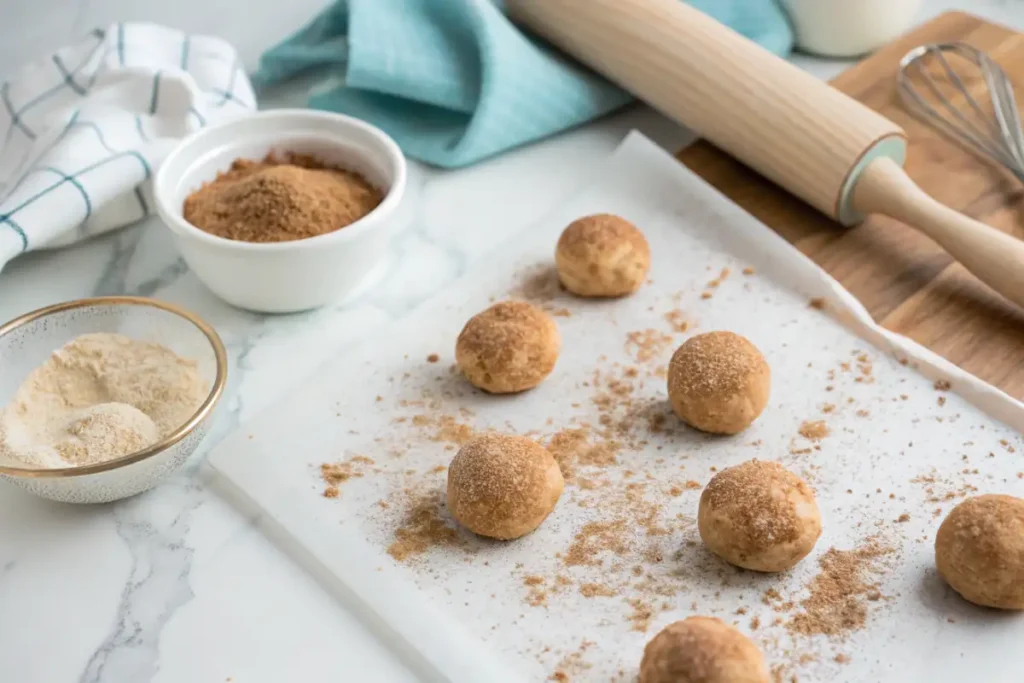 Rolling snickerdoodle cookie dough in cinnamon sugar.