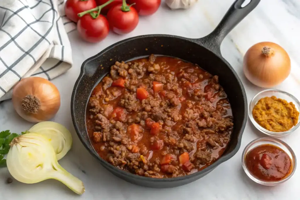 Cooking sloppy joe filling in skillet