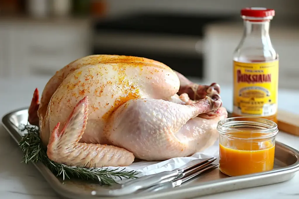 Close-up of a turkey being injected with a marinade for a turkey injection recipe