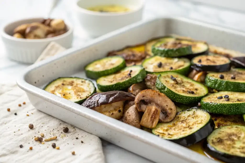 Roasted vegetables prepared for lasagna layers.