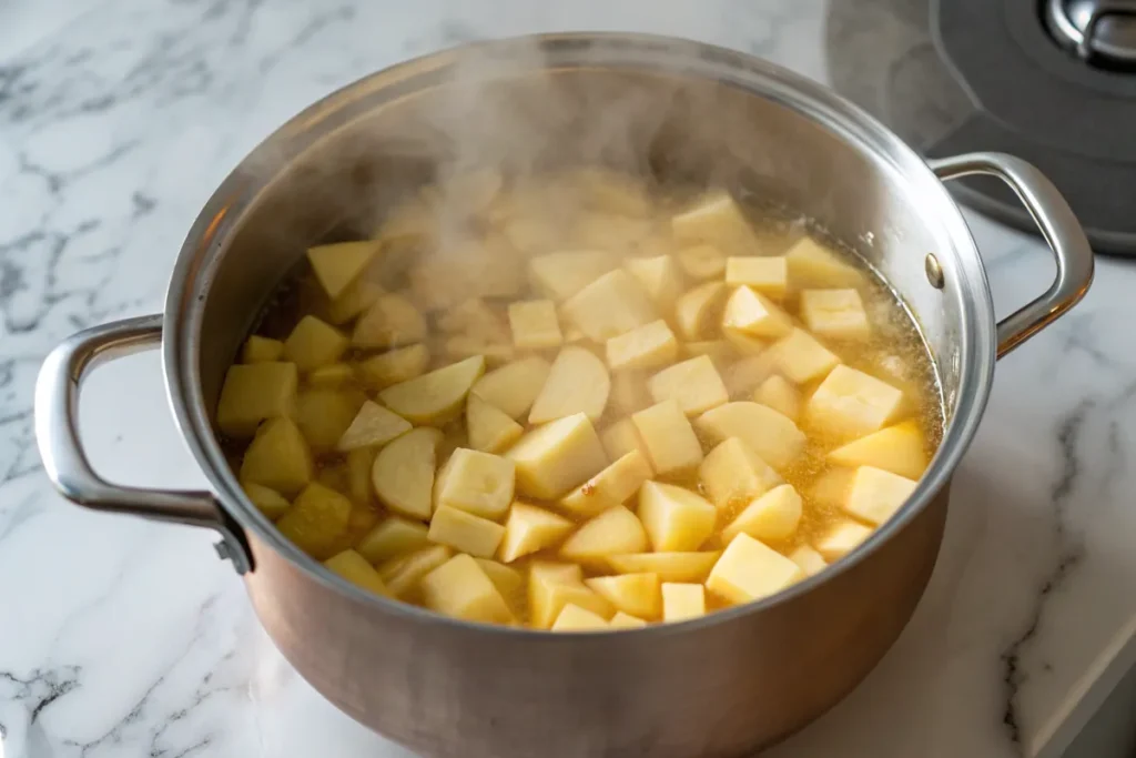 Adding potatoes to broth for soup