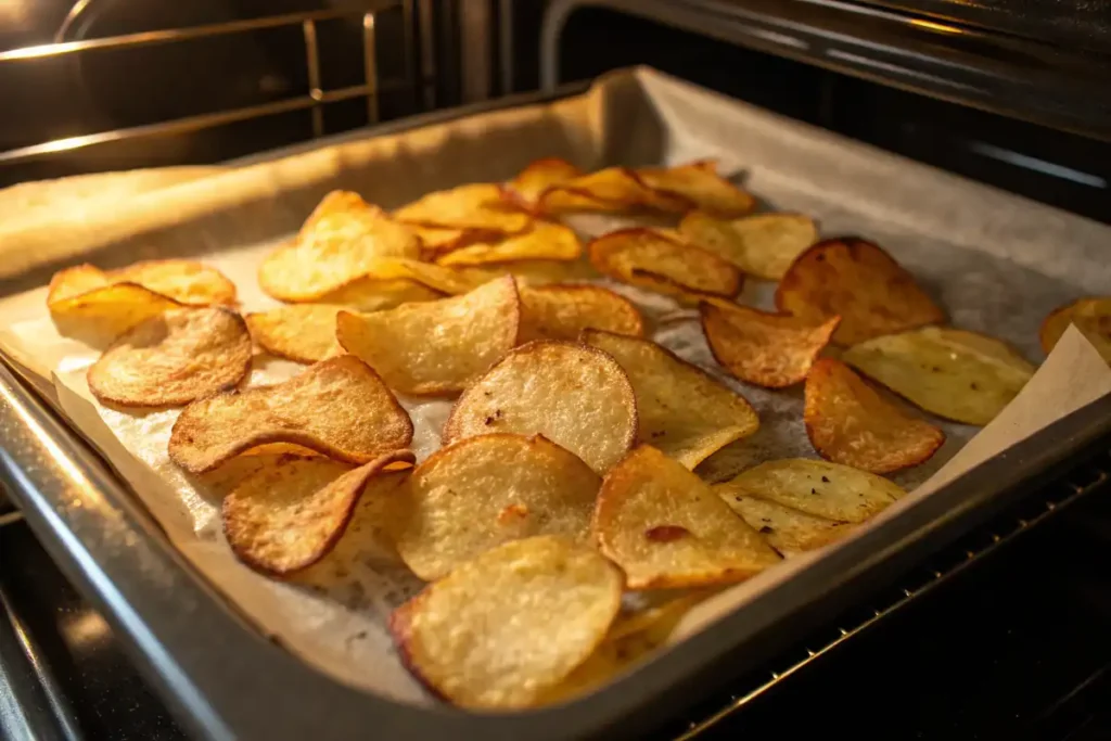 Gluten-free potato chips baking in the oven