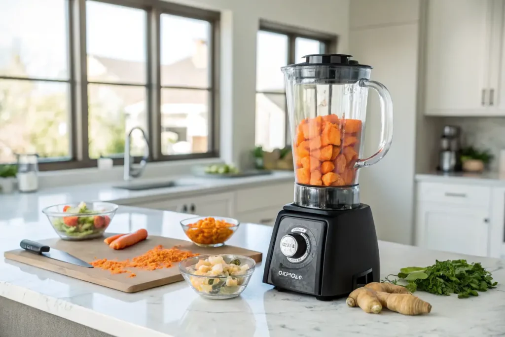 Blender with carrots, ginger, and water