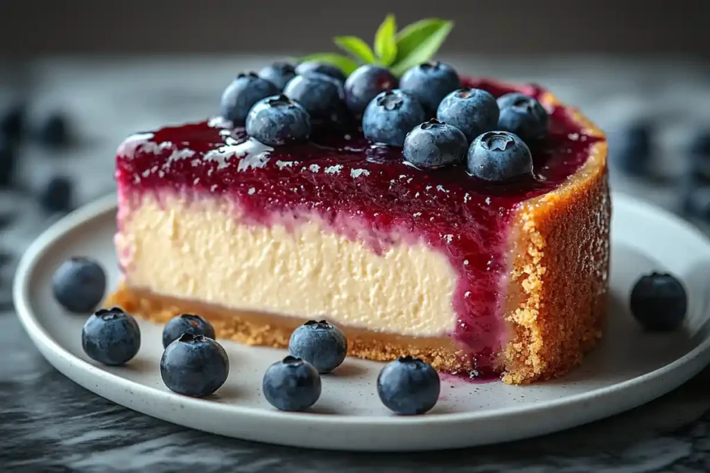 Cheesecake slice topped with blueberry compote