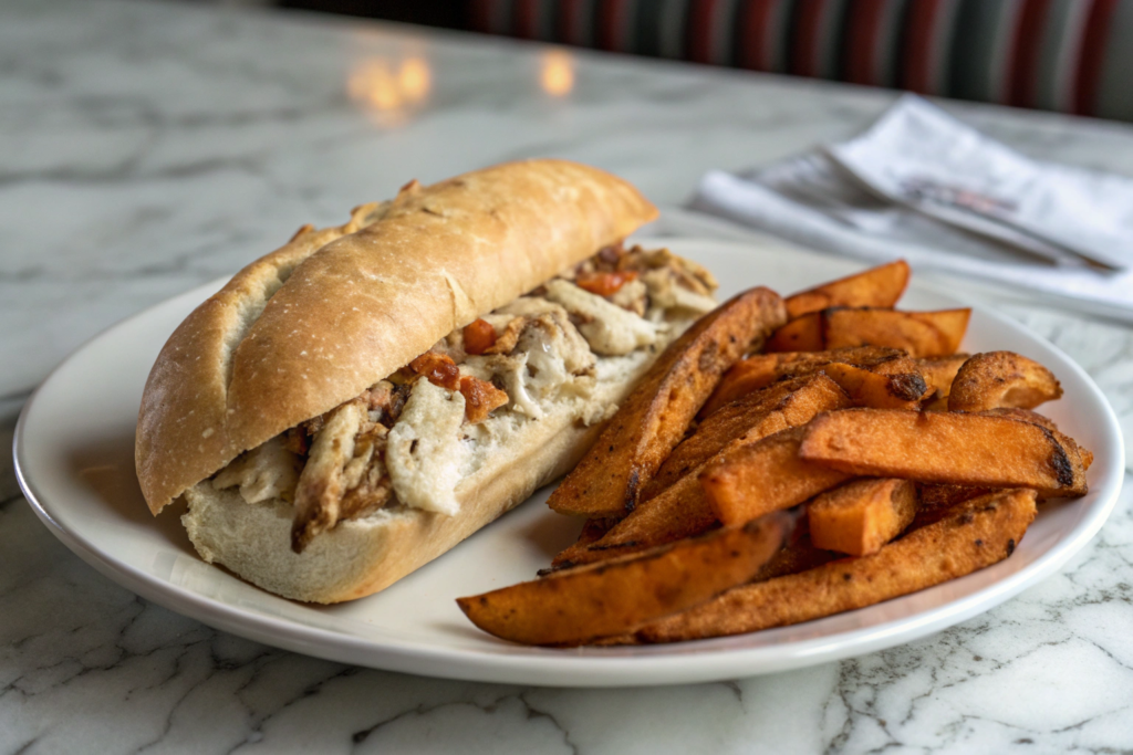 Chicken Cheesesteak with Sweet Potato Fries