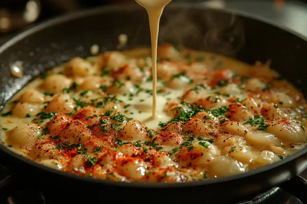 Step-by-step preparation of Cajun Alfredo Sauce in a skillet